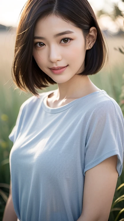 masterpiece, Highest quality, (RAW Photos:1.3), Realistic, Upper body photo, Beautiful adult woman, Age 27, Beauty, Long face, Long-term. Wavy black short hair, Symmetrical face, Symmetrical eyes, Old-fashioned smile, (White T-shirt, Small breasts:1.4), intellectual, A neat female teacher, physical education teacher, Hanging a whistle from his neck, Schoolyard