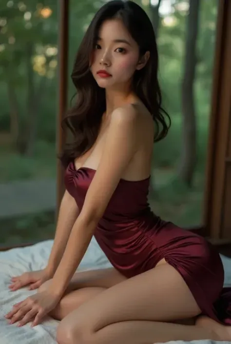 Amazing,  最好质量 , Ultra-detailed, A high resolution, Extremely detailed,Best quality ,Masterpiece, illustration, An extremely delicate and beautiful, Extremely detailed ,CG ,8K wallpaper, Amazing, finedetail, Masterpiece,Best quality,offcial art,,closeup cleavage,volumettic light,Dim mood illumination,((the night))，There are petals on the bed,𝓡𝓸𝓶𝓪𝓷𝓽𝓲𝓬,True light source,1girll,thighs focus,Shawl black hair,，damp hair，((Loose red silk nightdress)),Sit on a large red bed,Red pillow，((Red silk sheets))，smallunderboob,Bare legs,Absolute realm，shy