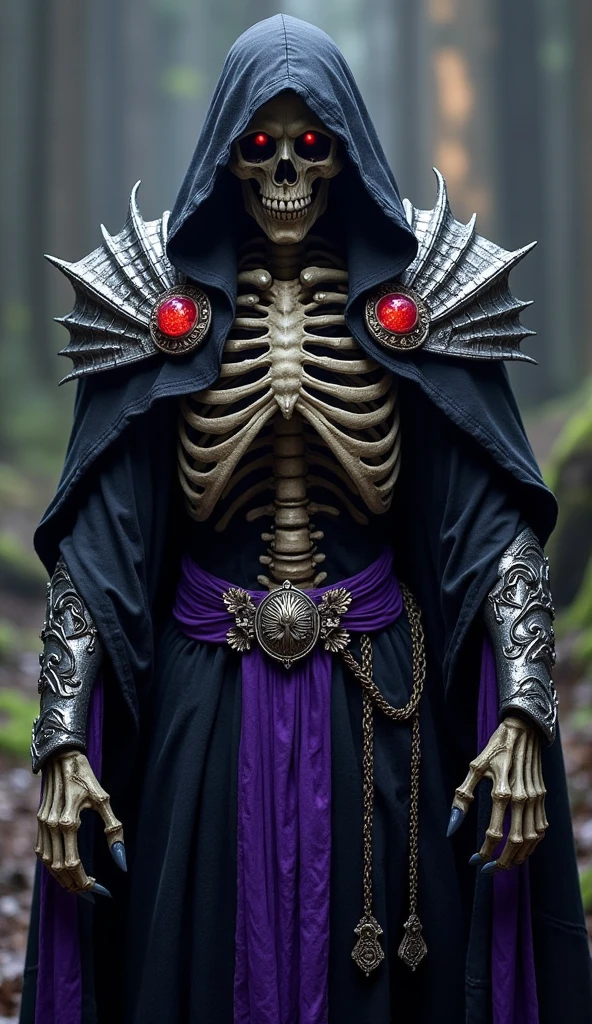A skeletal undead overlord wearing a regal dark robe with purple and gold accents, intricate silver armor on the shoulders, glowing red orbs embedded in the collar, a skeletal ribcage visible beneath the robe, long flowing purple ribbons, sharp claw-like fingers, a menacing skull face with hollow glowing eyes, standing in a dominant posture, ultra-detailed fantasy style, cinematic lighting, 8K resolution, aspect ratio 9:16.