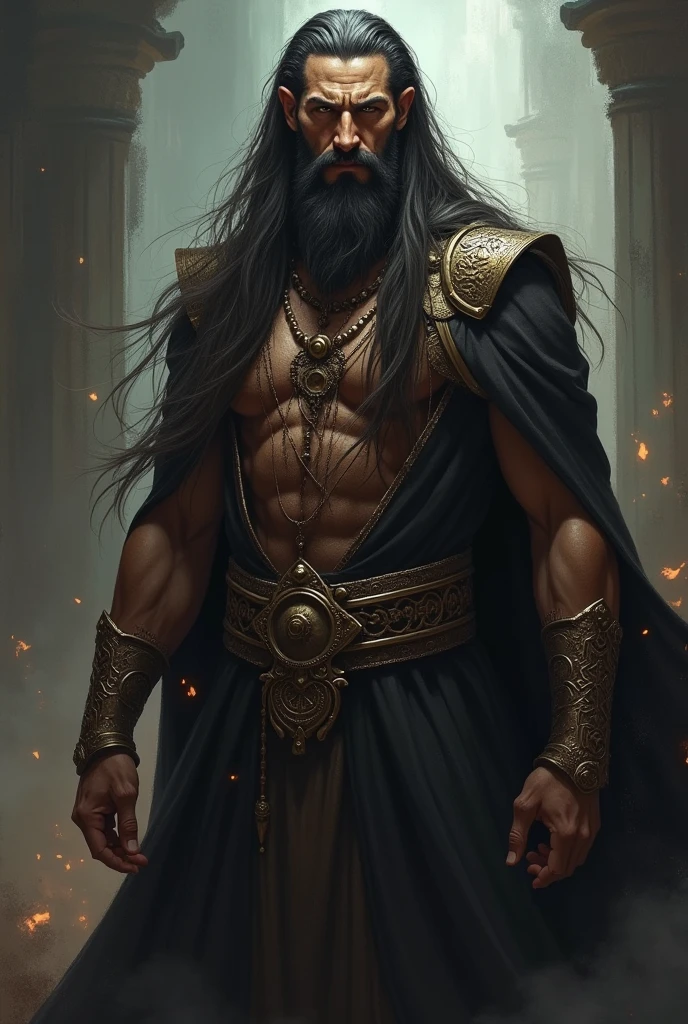 A sage with beards and black hair, olhos fixos, with serene face and epic outfit,