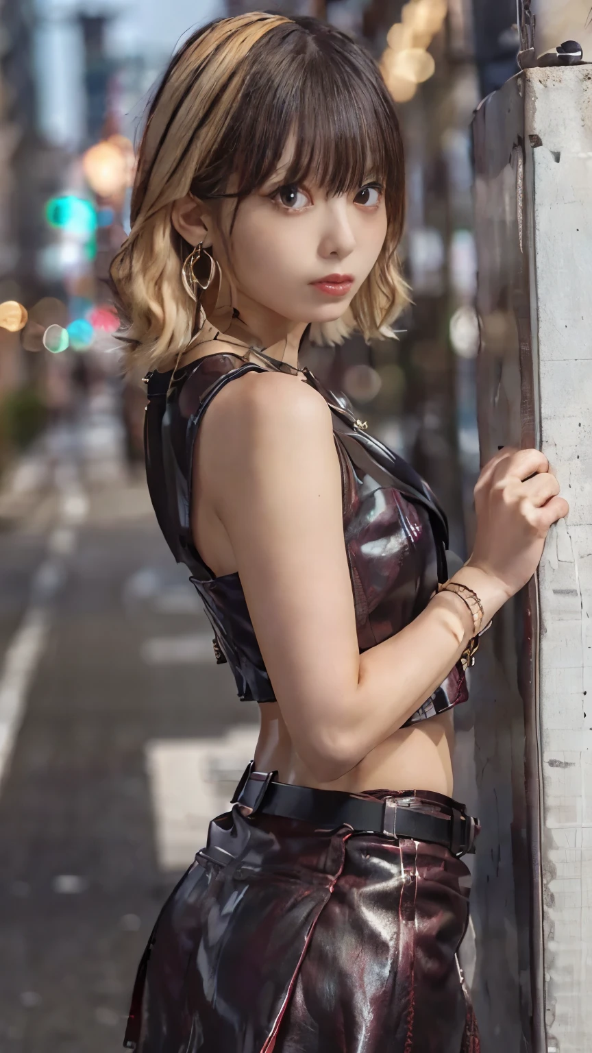 (NSFW)、Photorealistic perfect body、(Young face:1.1), (Office Lady Suit)、(garterbelts:1.2, solo)、(Gravure Pose:1.3), (blonde hair)、(Cowboy Shot、Thigh, mini skirt)、Waist slender、(bangss)、(voluminous curly hair:1.1)、(medium breasts:1.3), (Chain Belt)、(good lighting)、(blurry backround)、Gal Style Makeup、Gal style earrings、Gal style bracelet、(Gal style long necklace、Cross Ornament:1.3), hopping street