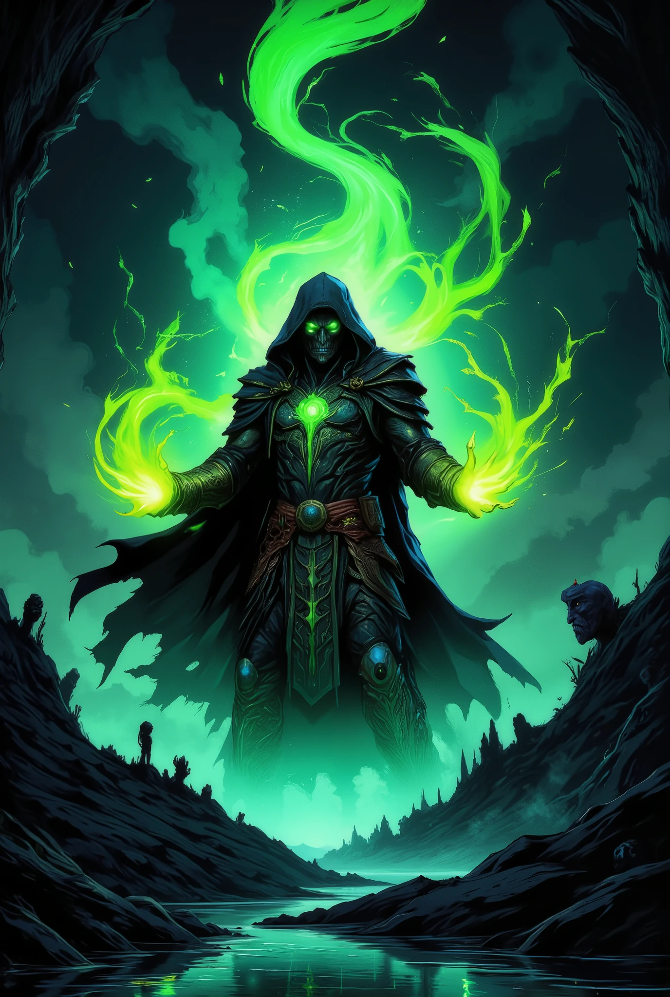 Dark Fantasy, The God of the Underworld Hades, complex textures, in his hands holds a green flame, his hands are burning with bright fire, souls touch his body, he wears a black Cape with a green toxic pattern, magnificent The textures of the soul world, The river is filled with mystical in blue light, bright souls in a white face shape are faceless, floating along the river, sinister aura, Dark, A gloomy world, If light breaks into the underworld, Tall Man with bright Green Eyes The pattern on his face, Hands as if charred from the ashes, Fantasy, fantasy style, best quality, high quality, 8k, Masterpiece,