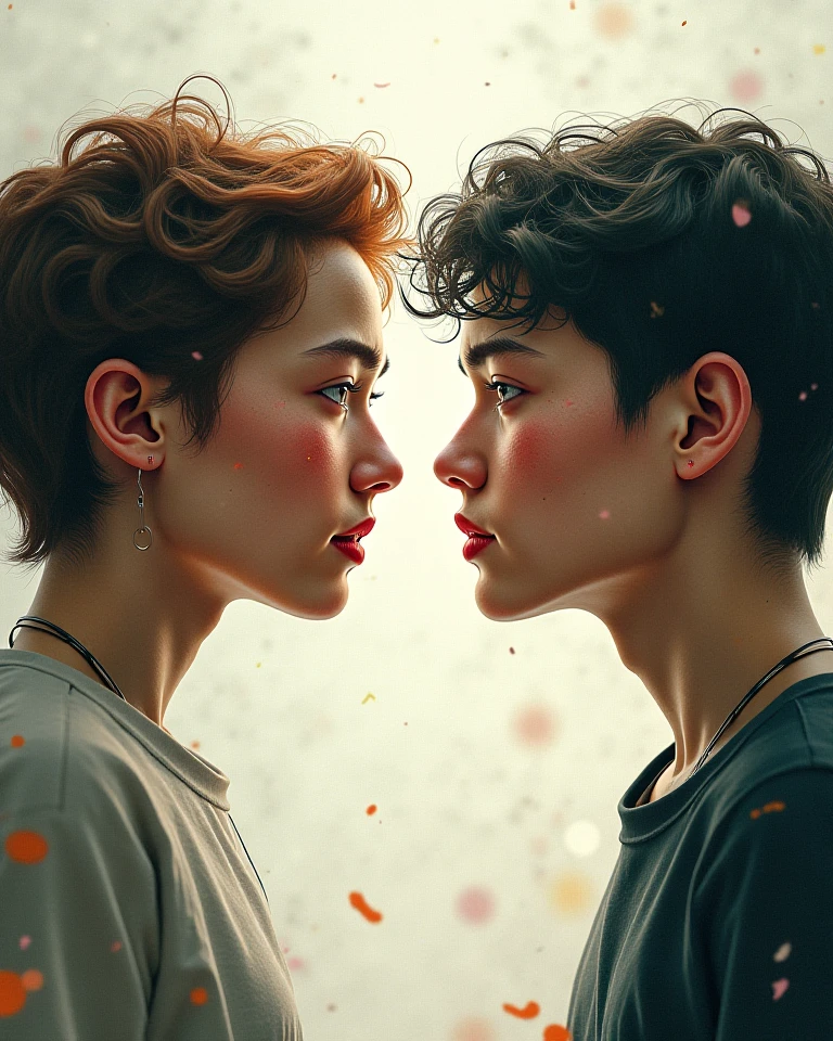 Two girls each facing one way, the one on the left with a short haircut above the ear and light curls, her face with small freckles and the other with black hair, smooth and long, both facing opposite directions realistic 4k image