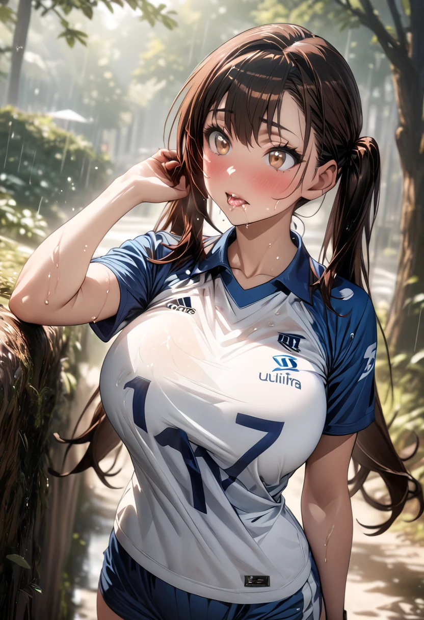 (masterpiece,Highest quality,Ultra-high resolution),Japanese women, (((Very beautiful 20 year old girl))), cute、Look at the photographer、 ((Beautiful low ponytail)), とってもcute顔, Glossy Lips, Double eyelids on both eyes,Natural smile、 Natural Makeup, Long eyelashes, Shiny and smooth hair、Center image, Perfect limbs, Perfect Anatomy,(((Soccer uniforms)))、(Wet with sweat),,Beautiful breasts,See through,,Looking Back