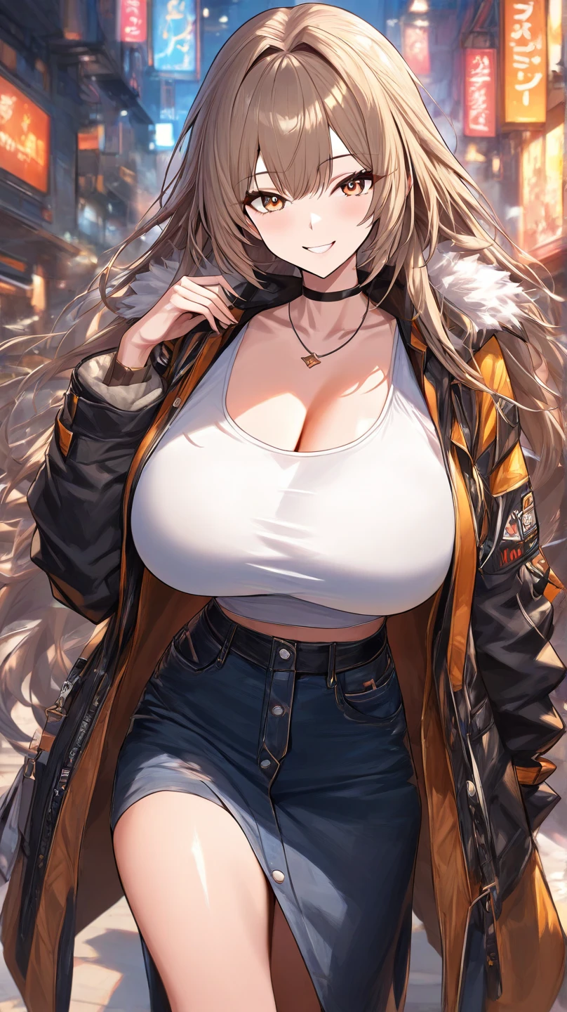 Best quality, high detailed, 8K quality, 4k resolution, Full body 23 years old girl, blonde hair, random hairstyle, stunning hairstyle, necklace and piercing, gorgeous face, massive breast, long cleavage exposed, curvy body, wearing Erotic Sleeveless Blouse and Blazer: A sleeveless blouse under a fitted blazer, paired with ankle-length trousers and loafers, massive breast and huge butt, playful expression, pose with both hands