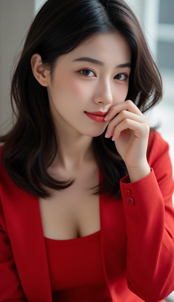 8K, Ultra-high resolution, Highest quality, masterpiece, 三分割法によるphotograph,Surreal, photograph, 1 Girl, (:1.3), pretty girl, Cute face, Beautiful eyes in every detail, 細かくdetailedに,masterpiece,, One Girl:1.2, Japan Female Announcer,whole body, Black Leather Bra, Wear a short red cardigan, Black long pants, Bare Belly, abdomen, Place one hand on hip, pretty girl, Sexy Girl, Attractive thighs, Sensual,A carefree smile,Heal the heart,Black Hair,Short Bob,Looking at the audience、beauty,Long neck、Laugh a little、Please close your mouth and laugh、(((Ideal body type))),A cup small breasts :2,、Portraiture:2、Perfect Anatomy、鮮明なdetailed、detailed、Surreal、Light and shadow,Strong light