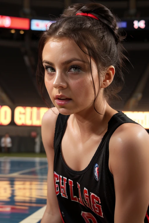 A cute woman (age 25, athletic, hair put up tight brightly colored) is an MMA fighter in the octagon. camera is from floor level looking up outside the ring
