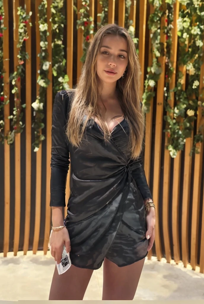 genera una nueva modelo rubia con ojos verdes con un vestido negro