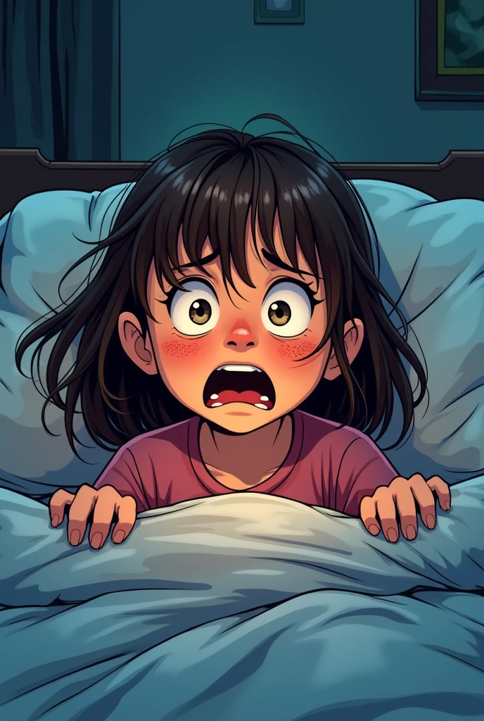 Girl waking up scared and crying in her bed