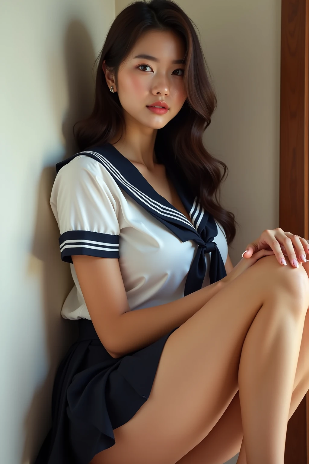 highest quality,masterpiece,Ultra-high resolution,(Actual:1.4),Original photo,Ultra-high resolution,8k,There are women,Fair skin,Exquisite makeupHigh school girl in dark blue sailor uniform,black heels,Long legs,Bright and beautiful、Long wavy brown hair_Hair reaching down to the waist,shy smile,in a highschool classroom,Leaning against the wall,chest thrusting pose