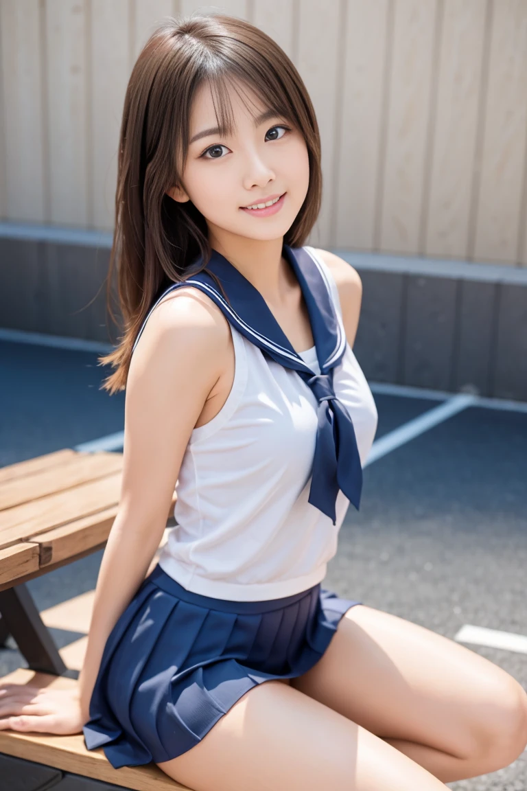 Pure Japanese school girl, no makeup, thick eyebrows, wearing uniforms, natural hair styles, pure smile, natural body, shiny white skin, refreshing in early summer morning sunlight, feeling soft breeze in hair, sitting and relaxing, little bit sexy mood, sexual attractive, panty, professional portrait photography, composition from the front,