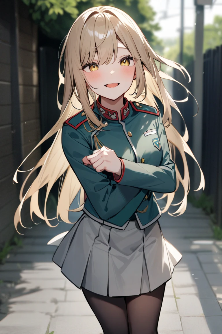 origin, 1girl,middle finger, long hair, solo,  id card, long hair, star-shaped pupils, smile,floating sakura, looking at viewer, green jacket, shirt,  pantyhose, open jacket,sweat,smile,blush, cowboy shot, <lora:UMP40-pynoise:1>