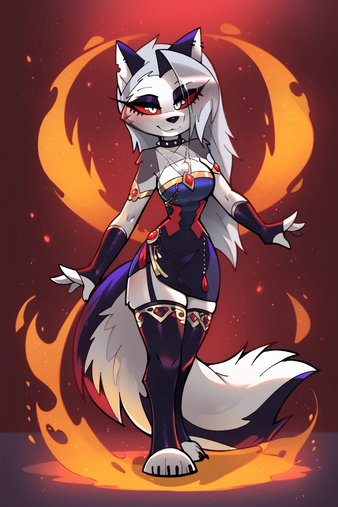 Loona, hellhound, sexy navel, sexy skinny body, demon bellydancer, red dress, red shirt, red gloves, jewelry, bloody moon, seductive belly dancing, dancing on floor, hell palace, arms above head,