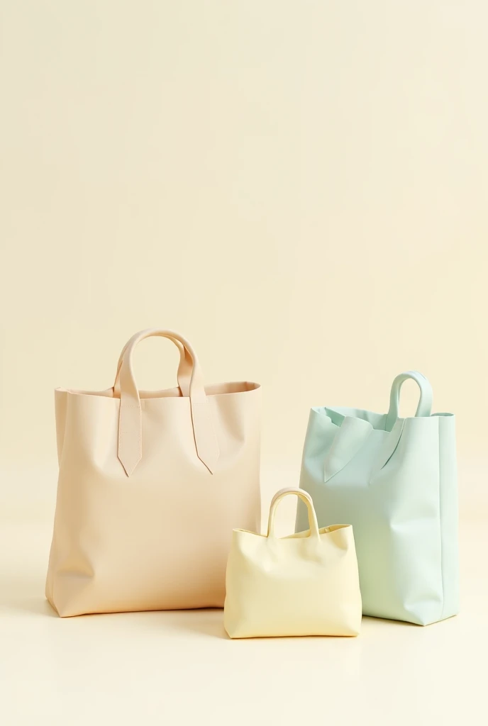 Create an 3d image 3 large size bags hanging on wall in Yellow, White and Blue