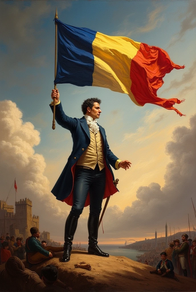 (8K, 16K, award-winning, highest quality, high resolution, super detailed), (Masterpiece: 1.3), (Joan of Arc leading the people with a rainbow flag: 1.6), Eugène Delacroix, Delacroix's masterpiece, The Wind The rainbow flag waving in the sky, the rainbow flag is the seven colors of red, orange, yellow, green, blue, indigo, and violet, famous paintings, oil paintings, parades, July Revolution in France, exhibited at the Louvre, LGBTQ liberation, Detailed face, detailed fingers, anatomically correct