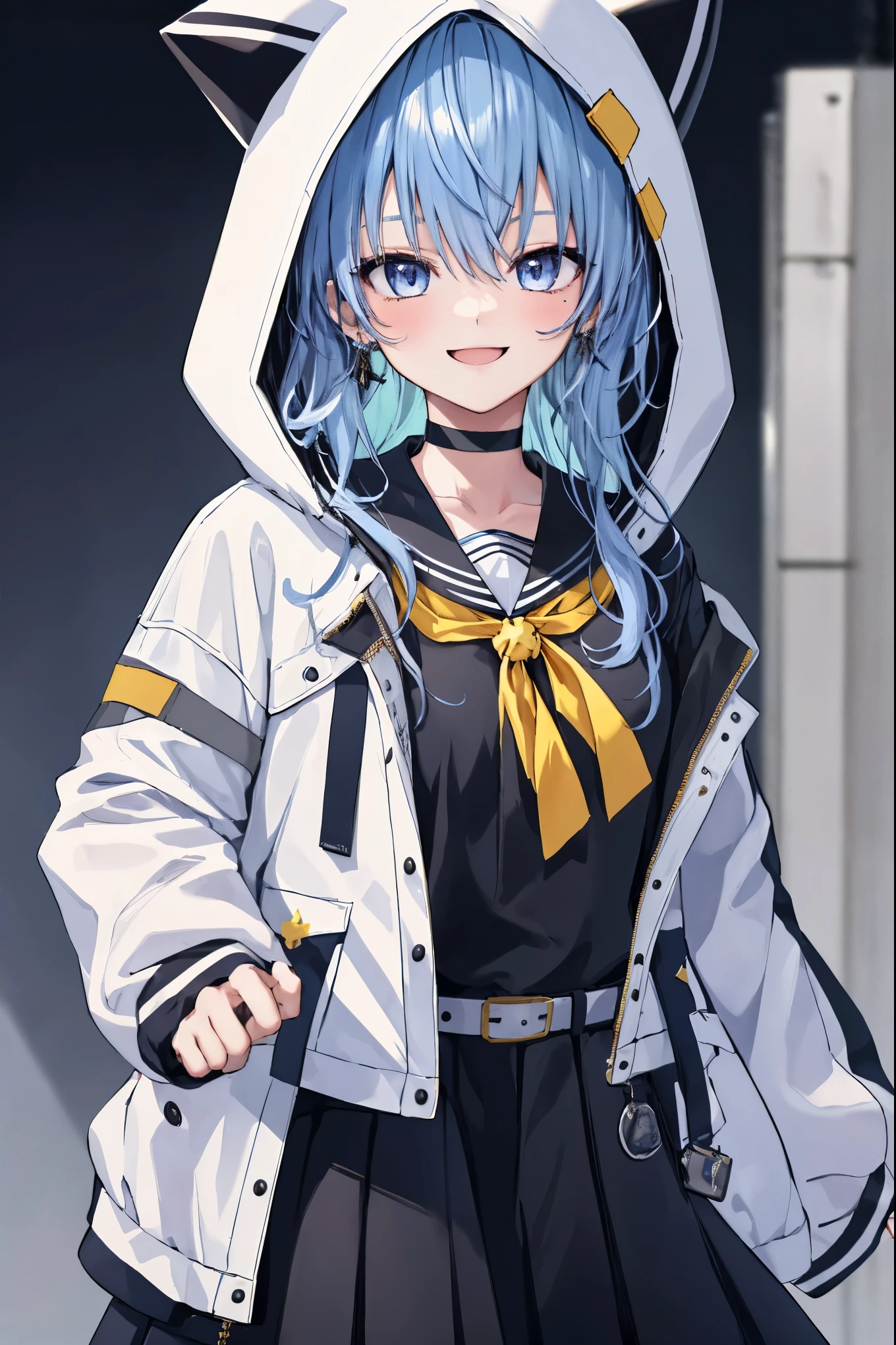 1girl, solo, detailed face,SuiseiSchool, long hair, black serafuku, black shirt, black choker, yellow bowtie, grey belt, black skirt, white jacket, hood up, cat hood, open jacket,smile,.