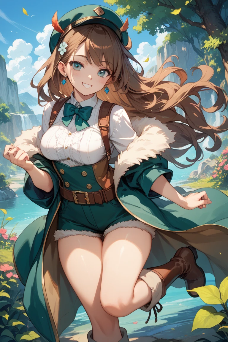 In a green meadow stands a girl with blue eyes and brown hair in a swimsuit having a picnic.
RUPTURE Avec une expression courageuse, elle les guide vers leur destination.
POUR RUPTURE Derrière elle, a green forest'extends, and beyond that, les montagnes s'rise far away.
POUR RUPTURE L'effet le plus approprié pour cette scène serait une technique de peinture à l'aquarelle pour capturer la douceur de la prairie et la fluidité du mouvement..
