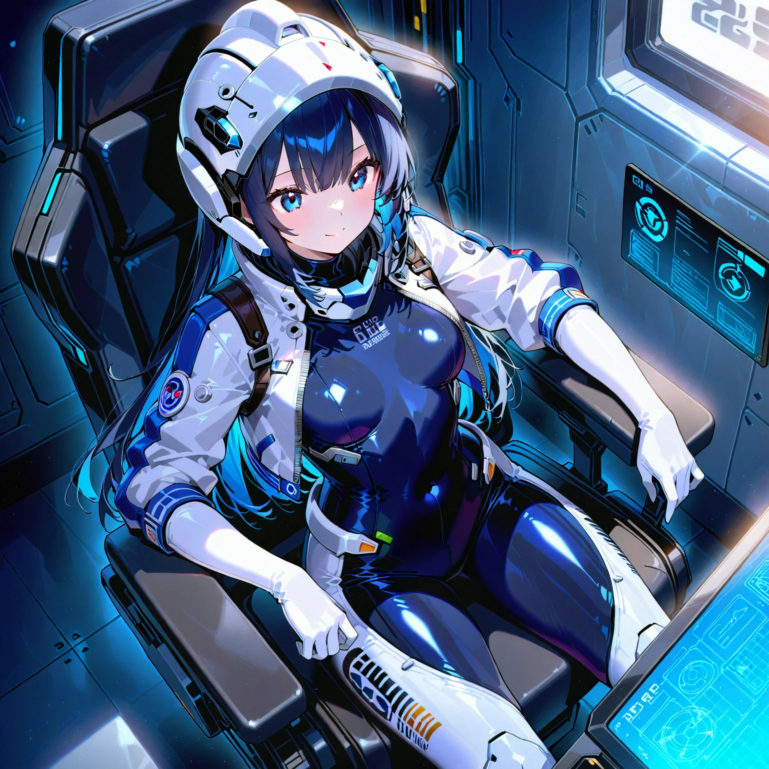cute girl in a spaceship, sitting, buttons, tecnological, asteroids, space suit, without helmet, glass, space window, gorgeous, (masterpiece), best quality, expressive eyes, perfect face, sensual, colorfull eyes, reflections,amazing,