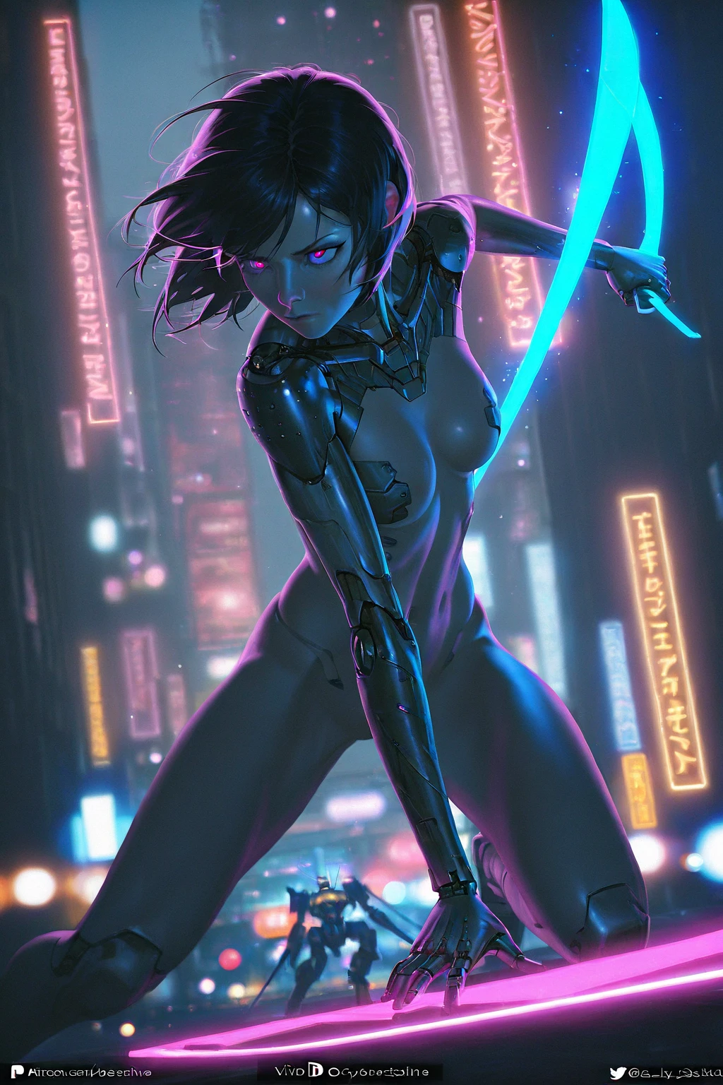 (High Detail:1.2) Anime Girl, (Best quality, Detailed), (dark, gravelly:1.3, dark:1.2), 1girl, (solo), ( dark black skin), two blades of Azzinoth, short bob hair, black hair, blue eyes, fair skin, sinister, intense look, background dark, Volumetric light, hyper realistic, super detailed, Dynamic pose, small breasts, (naked), (nude).