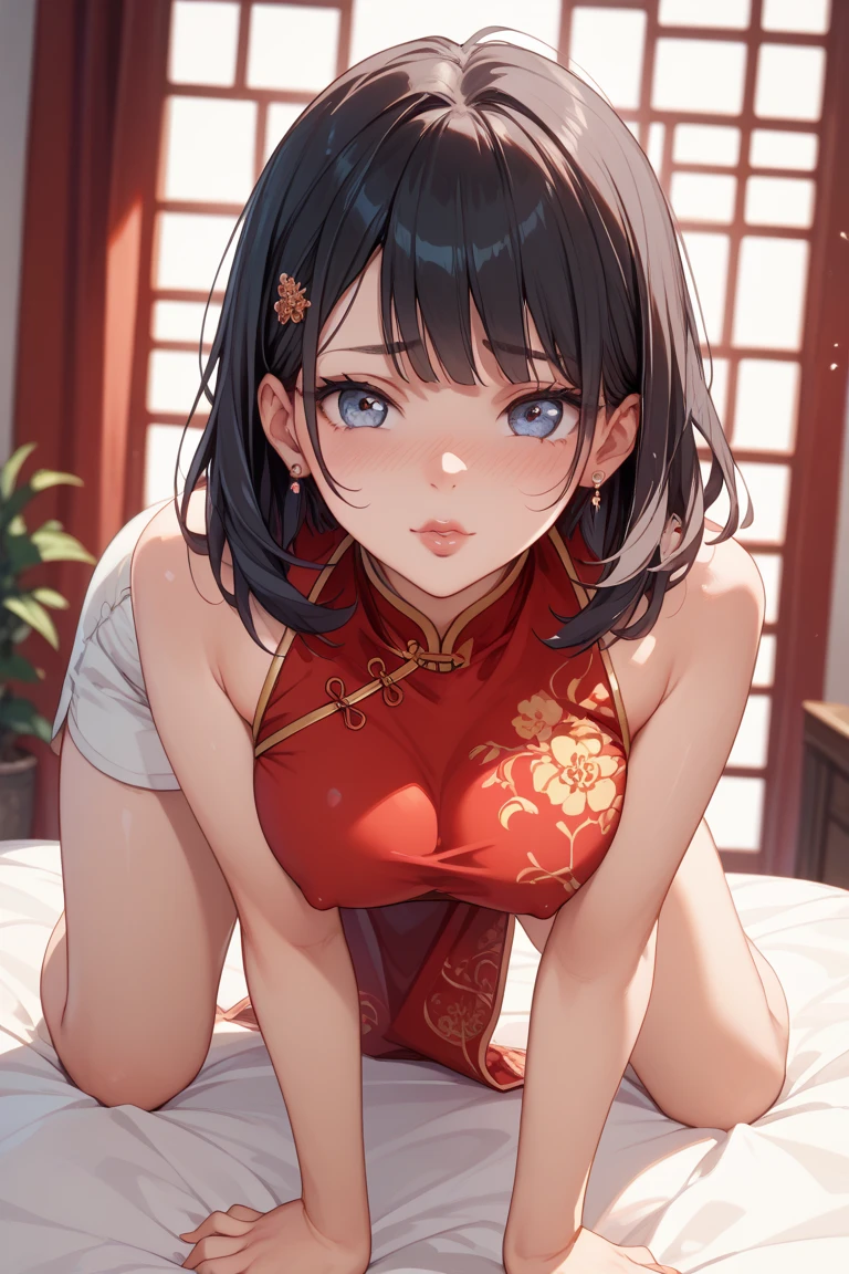 Period drama manga style A 15-year-old super beautiful Chinese girl with black hair in a bun cut(1 person) She is wearing a royal pink long-sleeved Chinese dress In a dimly lit bedroom Floral Futon She is forced onto all fours by the perverted old emperor and cries in fear. She exposes her nipples and starts having sex with a penis inserted into her pussy in a doggy style position She loses her virginity and becomes pregnant She was creampied with cum from a high-speed piston She vomits、Vomiting