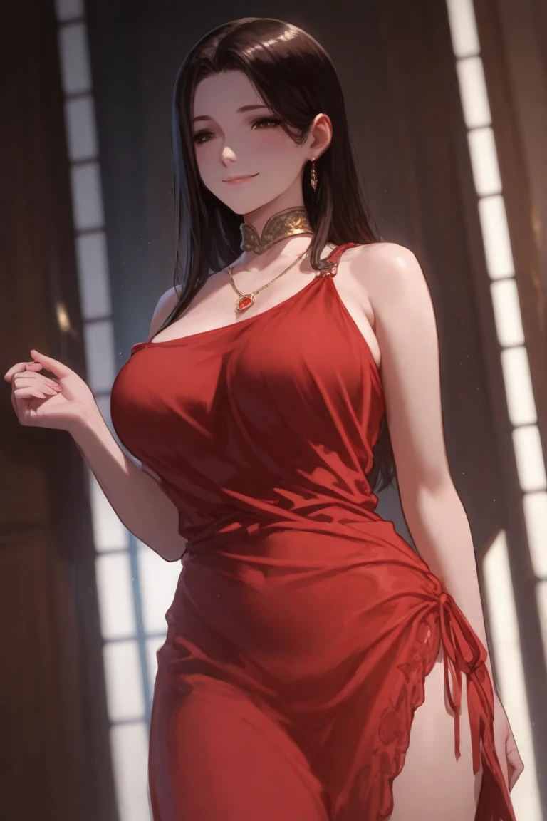 "A stunning Asian woman with an oval-shaped face, sharp and seductive dark eyes, and full red lips. She has very fair. smooth skin with a slight glow. Her long, wavy black hair cascades down naturally. Her body is slim with pronounced curves. She is wearing a stylish red dress that highlights her large cleavage and has a high slit. She strikes a confident and elegant pose, with inviting eyes. She might be wearing high heels and small accessories that add a touch of elegance and sophistication."