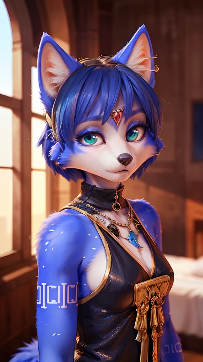 A beautiful and detailed (sweet portrait) von ((Krystal)), Sternenfuchs Krystal, Schlank, liebenswert, Green eyes, Small breasts, bequeme Kleidung, Dekollete, Grinsen, hoch schauen, cyberpunk, Hochgeladen E621, detailed flauschige fur, (von Fluff-Kevlar, Bayard Wu, personalami, Pino Daeni), detailliertes Gesicht, (flauschige), 1girl, Allein, kein Wasserzeichen