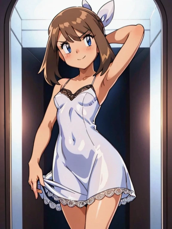 Highly detailed and realistic CG, Colorful, Masterpiece, Best Quality, jewel-like eyes, 1girl, solo, cute girl, brown hair, short hair, spiky hair, long bangs, grin, evil smile, tube top, hot pants, strapless, dark skin, small breasts, leaning forward, hand between legs, open mouth, boots,