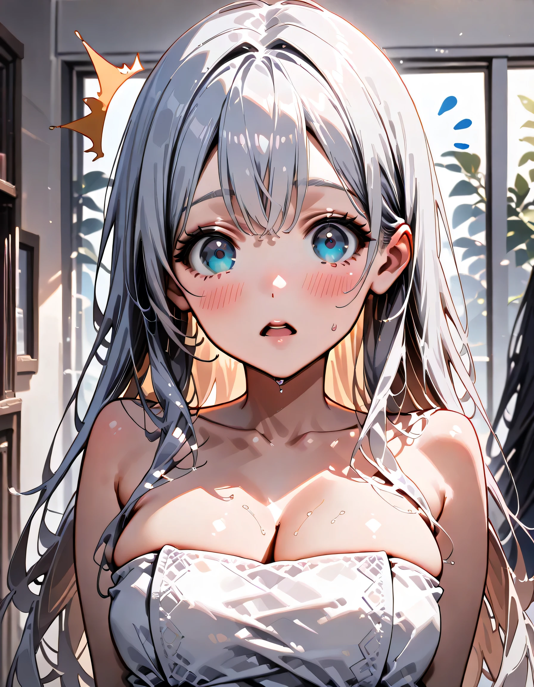((ultra-detailed)), (highly detailed CG illustration), (best quality:1.2), ultra-highly detailed, colorful composition, artistic photoshoot, 1girl, solo focus, ((upper body:1.4)), moe anime character, age girl, dainty facial structure, (baby face), (round face), ((rounded chin:1.2)), celia-default, celia claire, (blue eyes), ((silver hair color)), ((long hair)), ((wrap a white bath towel around body)), ((wet body:1.4)), ((surprised:1.5)), ((blush:1.4)), ((looking viewer)), ((spoken !?:1.4)), ((blue splash background)), from front, best quality, masterpiece, expecting, pink cheek, blush, light pink gloss slip, portrait, depth of field, soft lighting, sidelighting, (shine), lighting, caustics, ray tracing, smile, perfect face, lustrous skin, highly detailed face, highly detailed eyes, perfect face, perfect nose, perfect hair, perfect eyes, perfect anatomy, beautiful hair, beautiful small face, extremely detailed face, beautiful detailed eyes, beautiful clavicle, beautiful body, beautiful ample breasts, leavage, breasts squeezed together, equalize the size of the left and right breasts, beautiful thin thighs, beautiful legs, beautiful fingers, 4 fingers, 1 thumb, lovely, (very detailed background:1.0), (highly detailed background:1.0), spring aesthetic, intricate details, joyful atmosphere, spring colors palette, chromatic aberration