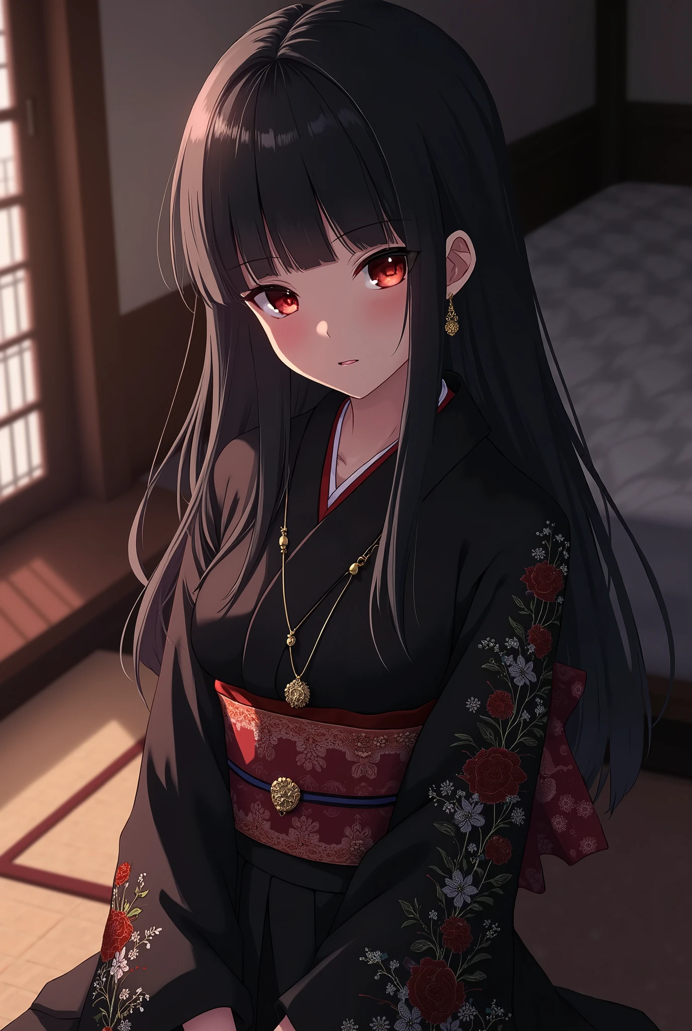 A beautifully detailed anime-style illustration,Masterpiece,最 high quality, high quality , latest,
detailed background on a futon, tatami, old Japanese house, very dark lighting,
Glare,
looking at viewer,
1 girl, Alone,
Enma Ai, Japanese clothing, long hair, black hair, Gorgeous Embroidered Kimono , hime cut, bangs, blunt bangs, jewelry, black kimono, Red Eyes,
(((kneeling, down blouse, white panties))), (face focus, face close up, throw, portrait, from the front),