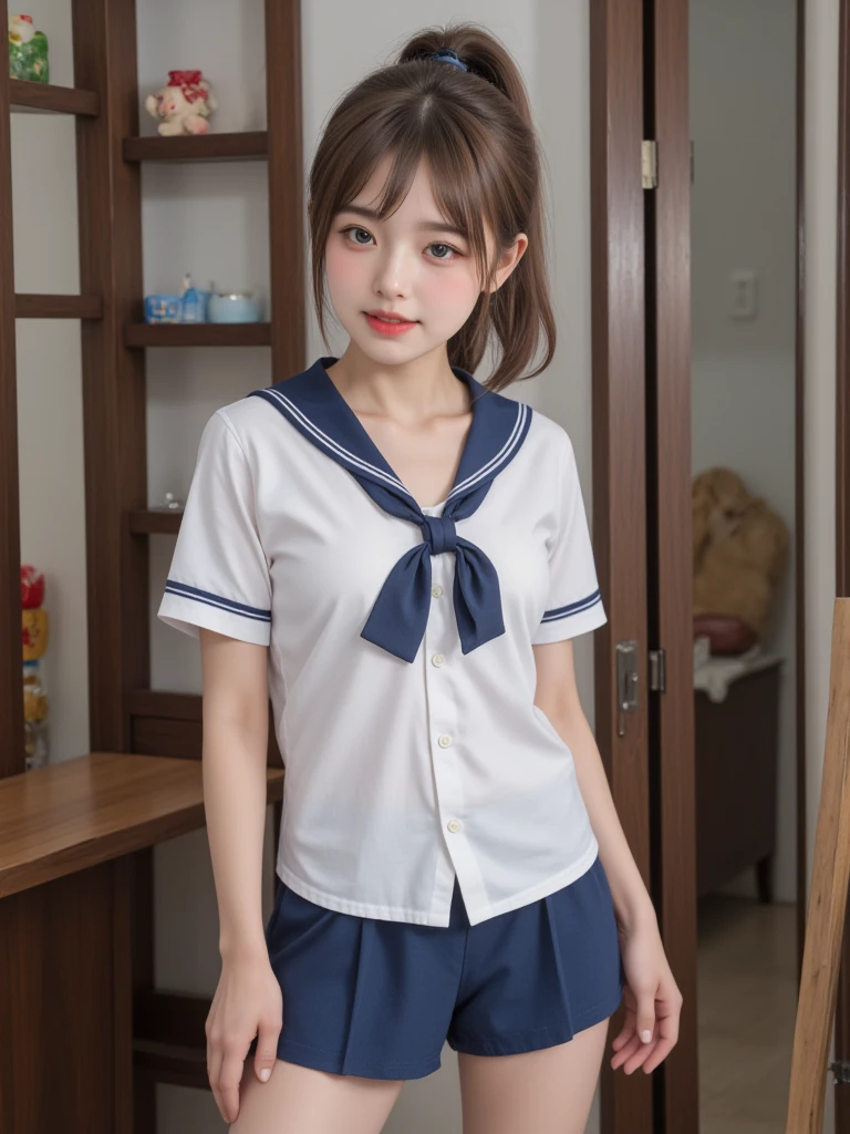 One girl, Short hair up to shoulders,Black Hair,smile, summer, room,Bed,Sit down,Honor student,Junior high school freshman,Look at this,front,Small bulging lines on the chest,Sailor suit,Skirt above the knee,Down to the feet,Fair skin, (masterpiece, Highest quality), Soft Light, Structure of the film, Like in the movies
