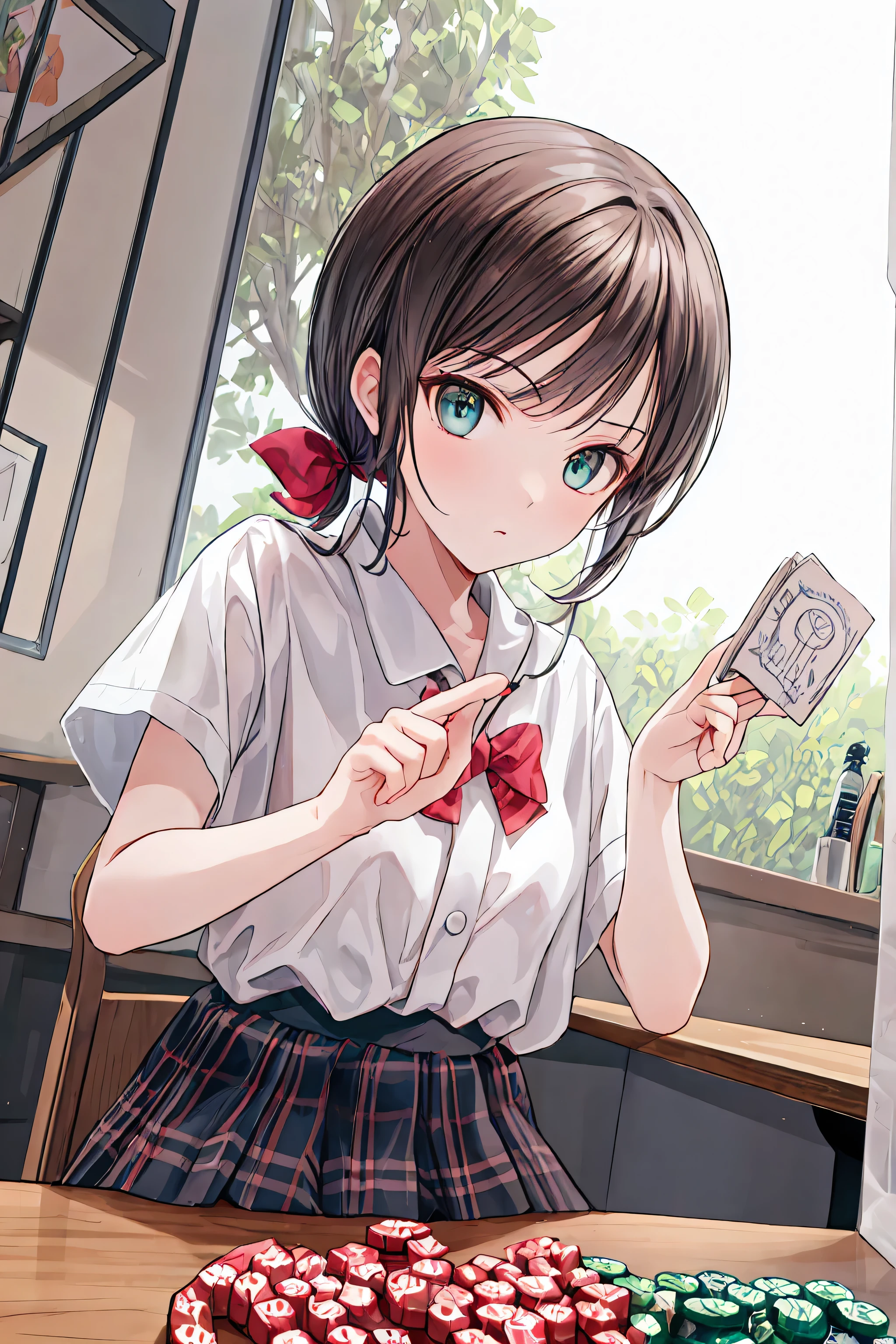 (( masterpiece)), ( of the best quality), ( supernatural), ( beautiful illustration),
outdoor, Flower Garden, cherry blossoms,
Hidden Tsukiko , Gray Hair , short hair, Aqua Eyes, side ponytail , uniform, white shirt, pink plaid skirt, Black Legwear ,
alone ,
, From the above, focus on the face, Table Top , cat_hand_ pose , poker face, fist