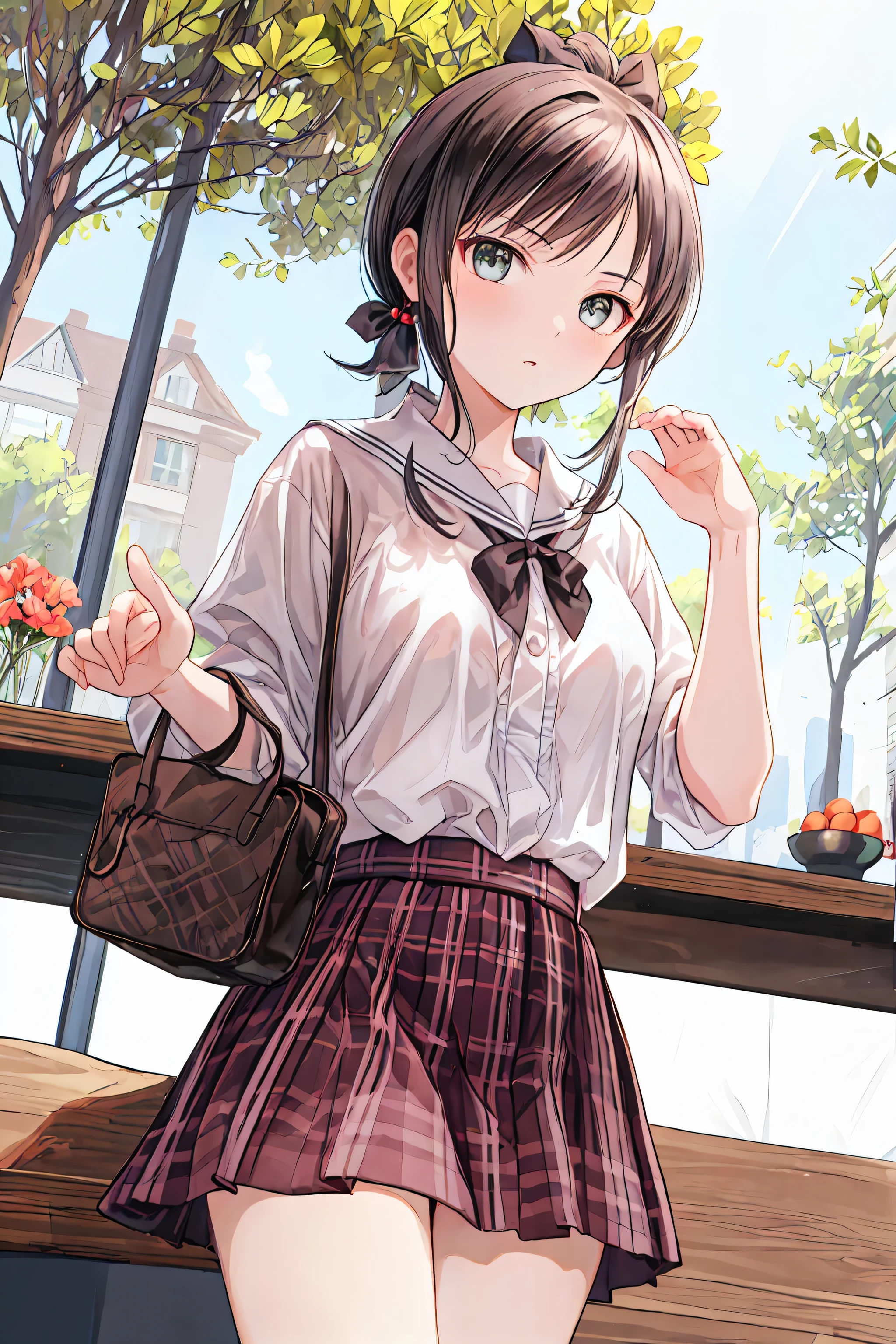 (( masterpiece)), ( of the best quality), ( supernatural), ( beautiful illustration),
outdoor, Flower Garden, cherry blossoms,
Hidden Tsukiko , Gray Hair , short hair, Aqua Eyes, side ponytail , uniform, white shirt, pink plaid skirt, Black Legwear ,
alone ,
, From the above, focus on the face, Table Top , cat_hand_ pose , poker face, fist