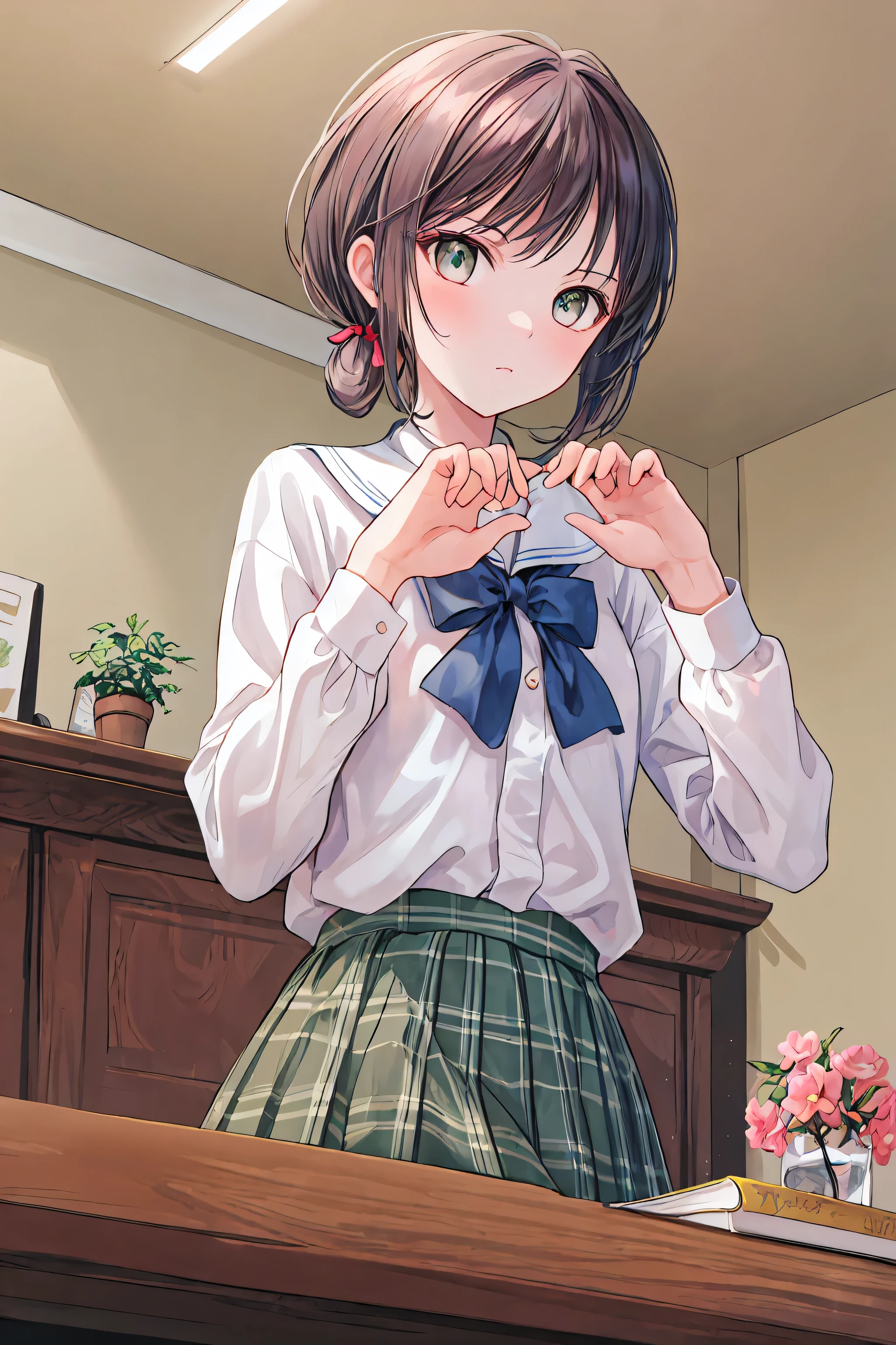 (( masterpiece)), ( of the best quality), ( supernatural), ( beautiful illustration),
outdoor, Flower Garden, cherry blossoms,
Hidden Tsukiko , Gray Hair , short hair, Aqua Eyes, side ponytail , uniform, white shirt, pink plaid skirt, Black Legwear ,
alone ,
, From the above, focus on the face, Table Top , cat_hand_ pose , poker face, fist