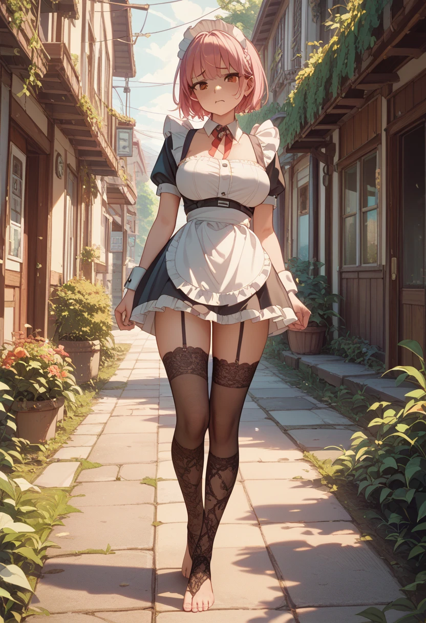 (from below1.2), super high quality, (8k, RAW photo, realistic), wearing light pink dress, skirt lift, black lace panty, wind, white flowing layered braided bangs short hair, cute woman, shining gold big eyes, annoying sexy expressions, red sexy thick lips, medium breasts, slender, perfect proportion, background stairs