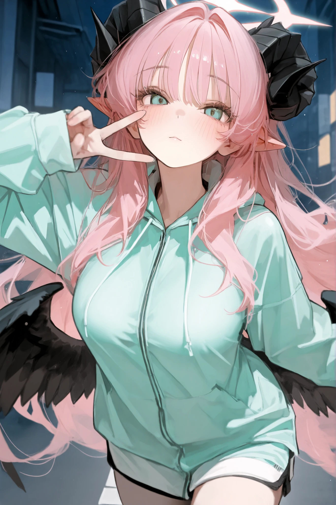 Cool , cool,pastel mint colored hair, black horn pastel mint eyes, big for deep use, charismatic,Expressionless, blush,high resolution, masterpiece,top quality, Boltuch,Glamorous ,stroke,Black Wings,pastel mint color, slight smile while jogging , eyebrows with raised tips, I'm doing a V,night wear