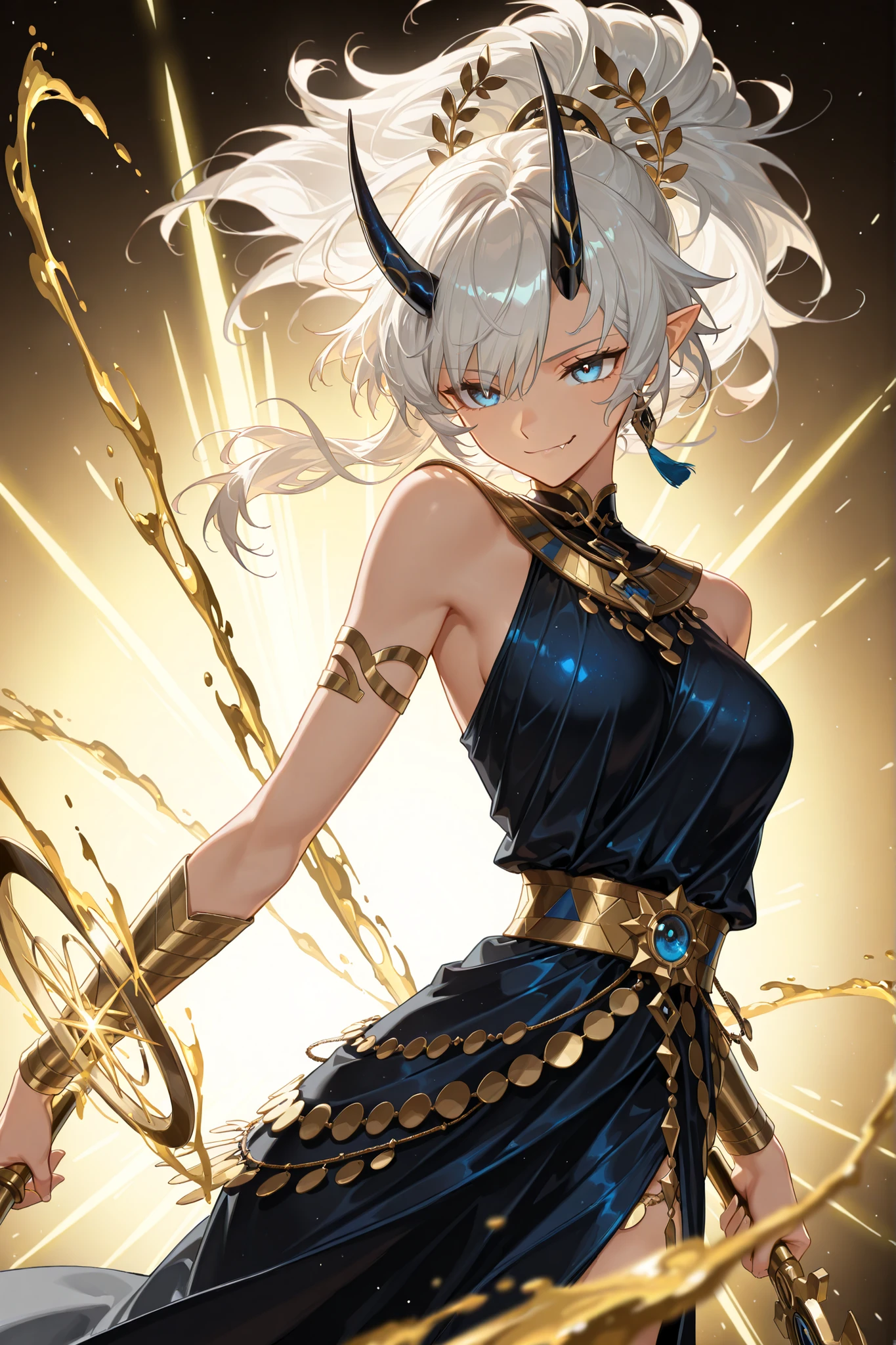 style of [arknights|(748cmstyle:0.88)], god rays, vivid colours, light stream, colour splotches, cinematic shot, mature, young adult, masterpiece, best quality, amazing quality, very aesthetic, high resolution, ultra-detailed, absurdres, (hands:-0.25),
(1girl, female:0.95), solo, alone,(dynamic pose, side eye, upper body focus, dutch angle, three quarter view, close up, cowboy shot:1.2), asymmetrical dress, thick ponytail, white hair, (bright blue eyes, cyan eyes:1.13), golden eyes, ahoge, lip bite, smirk, fang, frontal short horns, front facing horns, wreath, asymmetrical hair ornaments,wielding Red khopesh, egyptian weapon, egyptian ornaments, blood magic, golden blood, liquid gold, cosmic blood, novuschroma79 style, glitch art photo
BREAK, depth of field, volumetric lighting
 