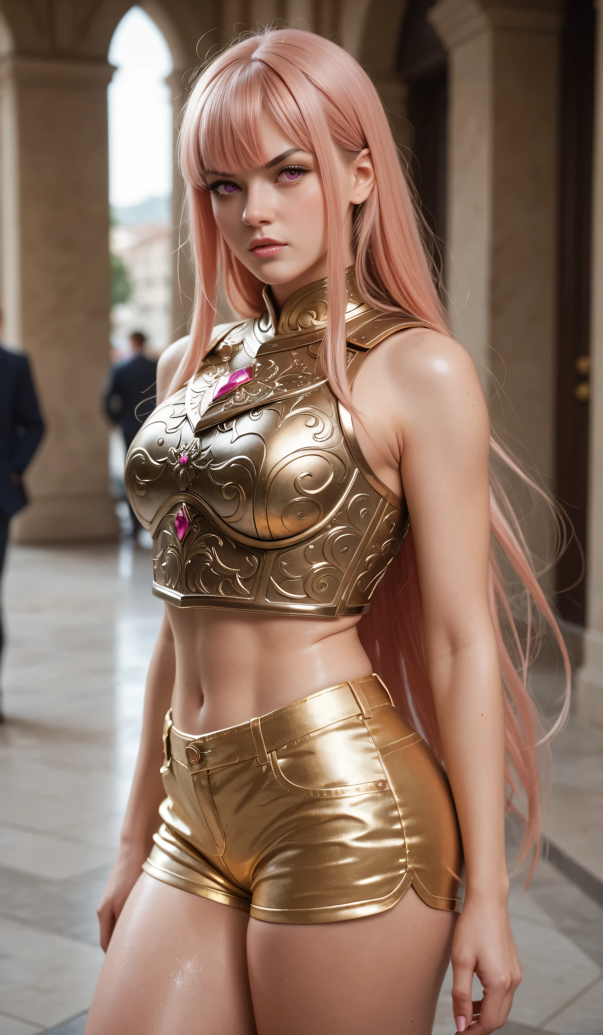 1girl, solo, mature woman, standing, arms crossed, black top, navel, bare shoulders, colored skin:1.1, pink skin:1.2, long hair, white hair, golden belt, baggy white pants, smooth tail, pointy ears, red eyes, black sclara, gold bracers, gold necklace, large hoop earnings,detailed background, lab, science equipment, destroyed lab, rubble,