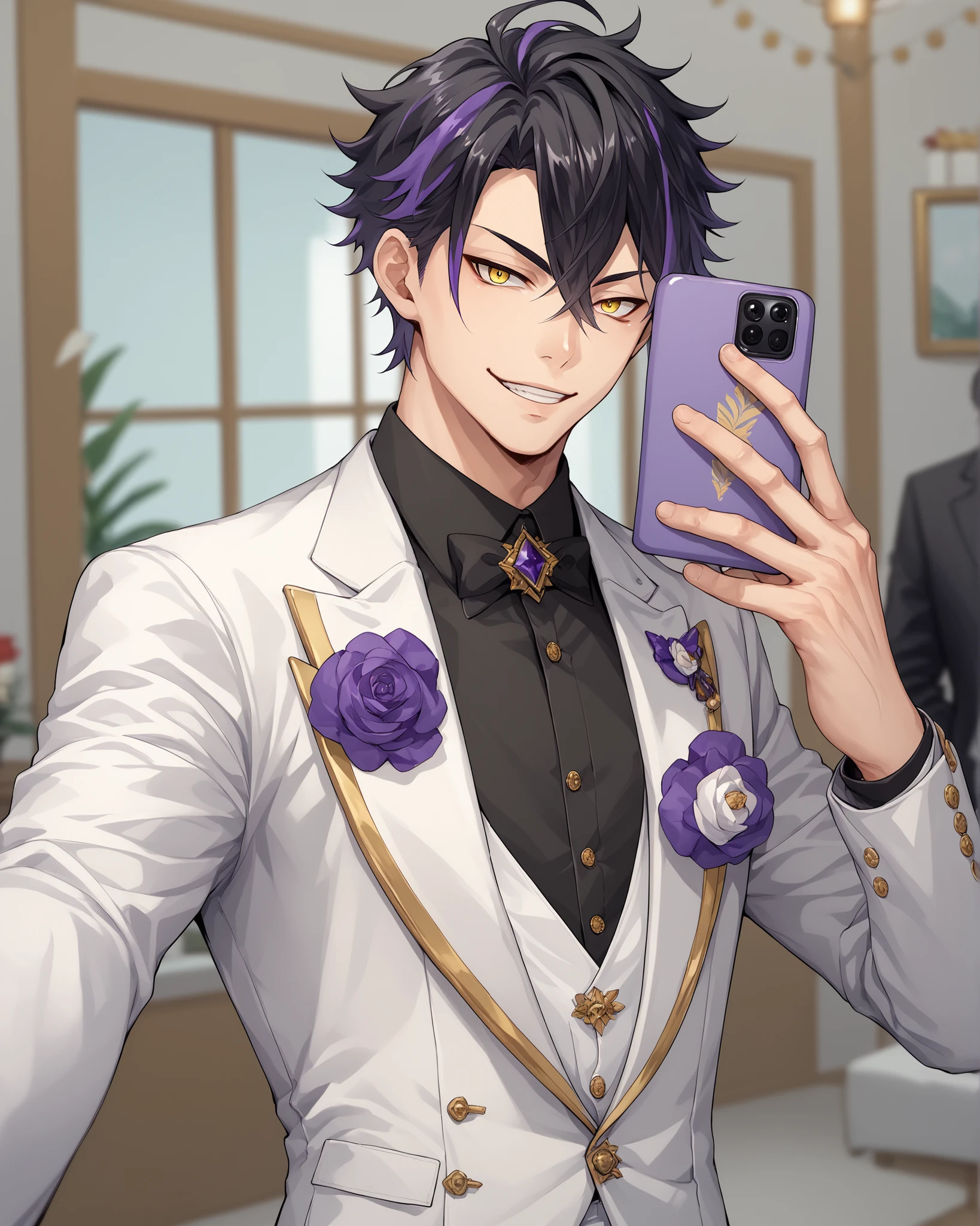 Anime man with thin black hair, yellow sharp eyes, emotionless and cold personality. Has one purple highlight, solo, blurry background, selfie in front of a mirror, white birthday suit