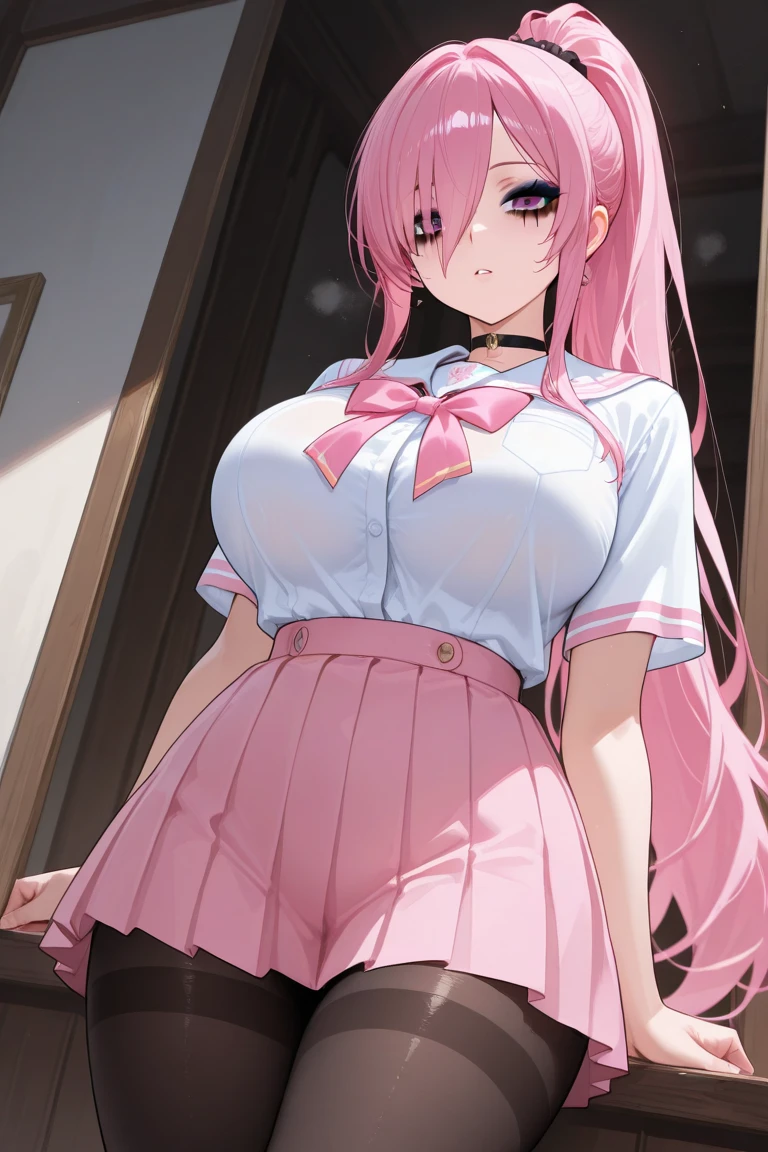 (highest quality, 4k, 8K, High resolution, masterpiece:1.2), Super detailed, suburbs, main road, night time, (1 person, , big breasts, blazer, open the front, white shirt, blue tie, pleated skirt, mini skirt, loose socks), (smile), glossy lips, soft lips, view audience, pink hair, long straight hair, cute, genuine, young beauty, close-up shot of face,