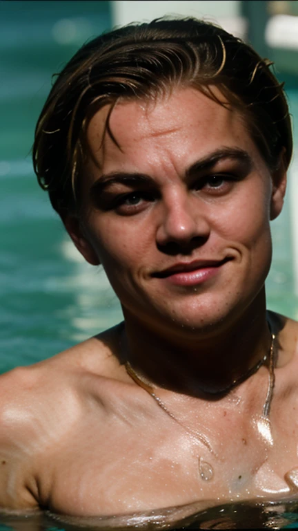 Walker scobell beautiful teenage boy blonde curly blue eyes cute angelic shirtless in pool realistic 8K resolution