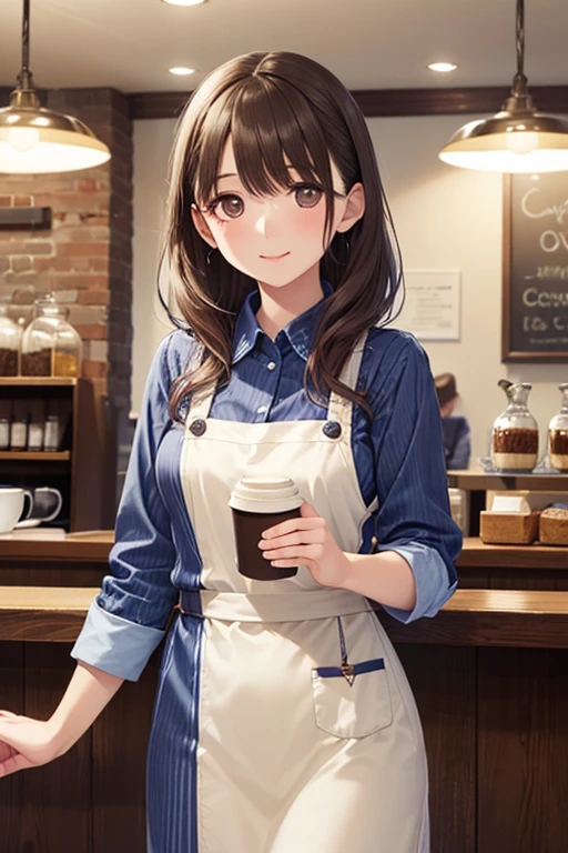     ( Perfect  )masterpiece, beautiful, beautiful,  Fresh and elegant aesthetic style 、Airbrush Digital Oil Painting、 exquisite work of art 、 Creates a beautiful and charming girl (coffee shop clerk looking like a sommelier) Standing at the coffee shop counter ,  Cafe interior scene ,  Movie lighting scene photo , Flower Pot , Warm Light, Cafe bar painting , romantic in the b room, dreamy, pleasant atmosphere, 絵のようにbeautiful,movie,Cozy Cafe with Scenery Movie Lighting Extremely Detailed Explanation Professional( Unique Style ) シャープフォーカス 現実的 beautiful 高精細,   authentic original photo texture is very delicate  , High quality work by a master  
、、,..
、Anegasaki Nene, shiny brown hair, beautiful brown eyes, smiling face, sparkling pupils, (fine grain), , highly detailed face,, (masterpiece:1.2, best quality), ((only1 girl)), (((cowboy shot:1.5))), 