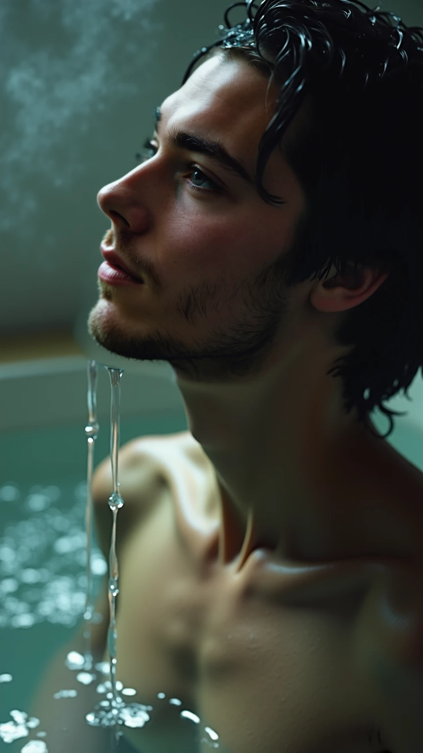 vogue photography,Handsome and strong male model standing in glass bathroom shower,Sweaty, Water droplets from the shower shower head fall from above, ssmile, waistup, Tie-up long curly black hair,little beard, Healthy complexion, Strong, big shadows,Strong chiaroscuro,Handsome muscular male model, editorial model, very very roberto ferri, steven klein, underwear ad, Strong mature male, inspired by Adrian Zingg, alex kanevsky, Danila Tkachenko, Melt Arras and Marcus Pigot, Open V chest clothes, vman magazine, Healthy skin and roughness