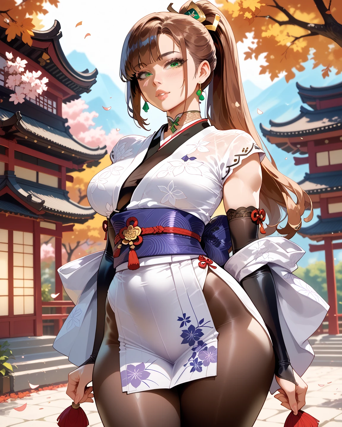 masterpiece, best quality, big breasts, japanese clothese, white thighhighs, green eyes, sideboob, (blush:0.6) <lora:doaxvv_amy_v1-000018:0.6>