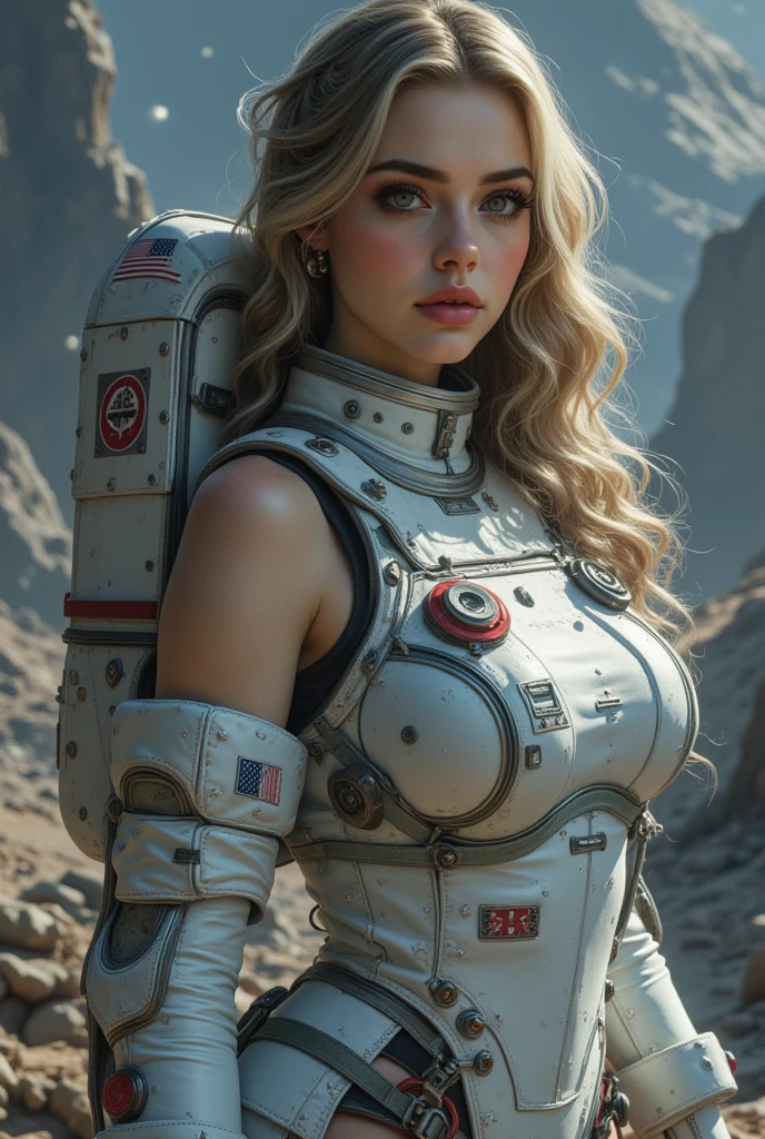 score_9, score_8_up, score_7_up, score_6_up, score_5_up, score_4_up, realistic style, photo, photorealistic, high detail, charming blonde with Sharon Stone face, short light-blond hair, green eyes, thick lips, toned body, ????????????, (spaceship captain), virtual reality helmet, space suit, deep cleavage, exoskeleton, controls spaceship, looks at viewer, dark lighting, tag1, tag2