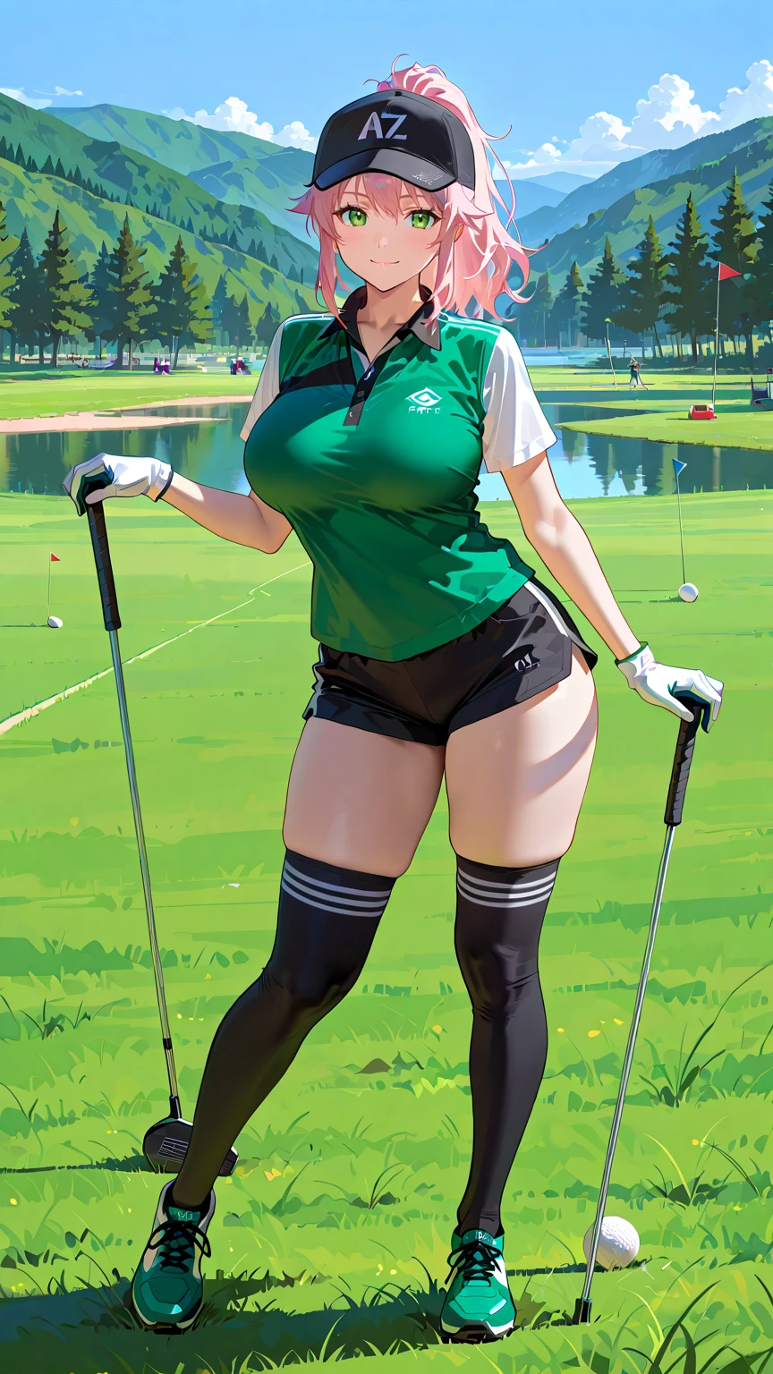 Beldel, photograph of a woman standing on a golf course, blurry background, golf skirt, white polo shirt, blonde hair, (detailed face), smiling, detailed iris, detailed eyes, full body, golf club film grain, natural skin texture,