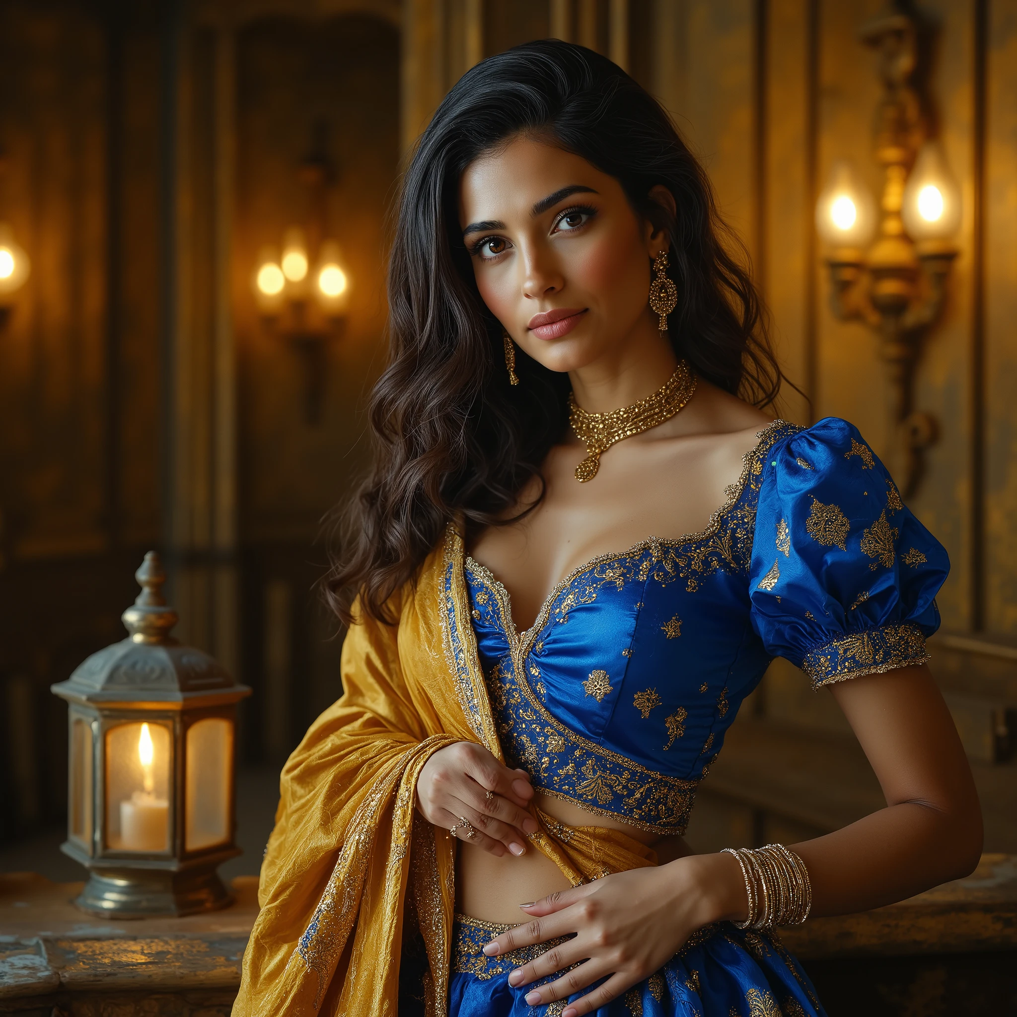 A breathtakingly alluring South Asian woman with deep, smoldering brown eyes, framed by thick, naturally arched eyebrows and long, dark lashes. Her gaze is both sultry and confident, holding an irresistible intensity. Her full lips, painted in a soft, warm nude shade, are slightly parted, hinting at a subtle invitation. Her sculpted high cheekbones catch the light beautifully, and a delicate red bindi sits on her forehead, adding a touch of cultural elegance. Her lustrous, wavy black hair cascades down in soft curls, some strands seductively framing her face.
Her body is a vision of graceful sensuality—her full, round bust is accentuated by a fitted, deep-cut blouse in shimmering sapphire blue silk. The snug, tailored fit of the blouse outlines the curves of her cleavage, while the short, puffed lace sleeves add a delicate contrast to her toned, slender arms. The plunging neckline teases just enough, drawing attention to her décolletage, where a delicate gold choker rests above her collarbones. Her waist is sculpted to perfection, a narrow, defined curve that leads to the flowing lehenga, hugging her hips before cascading into voluminous pleats.
The lehenga itself is a masterpiece of rich, royal blue silk, its fabric glistening under warm golden lighting. The skirt sways with effortless grace, brushing against her toned thighs. The mustard-gold dupatta is draped sensuously over one shoulder, crossing her midriff and partially wrapping around her waist, teasing glimpses of her bare, soft skin underneath. She wears an array of golden and blue bangles on both wrists, their gentle clinking adding a rhythmic, almost hypnotic charm to her movements.
She stands against a luxurious setting—golden-hued textured walls reflecting soft ambient light, a vintage lantern casting a gentle glow over her radiant skin. The background is blurred, focusing all attention on her, as she lightly lifts her dupatta with one hand, while the other grazes her hip in an unspoken gesture of confidence and allure. Her expression is a blend of sophistication and seduction, her lips curled into a knowing smile as her deep brown eyes pull the viewer into an intimate, mesmerizing moment.
The composition captures the essence of South Asian elegance and sensuality, blending high-fashion aesthetics with a deeply intimate, provocative charm. The interplay of soft lighting, luxurious textures, and her poised, inviting presence makes this a strikingly magnetic portrait