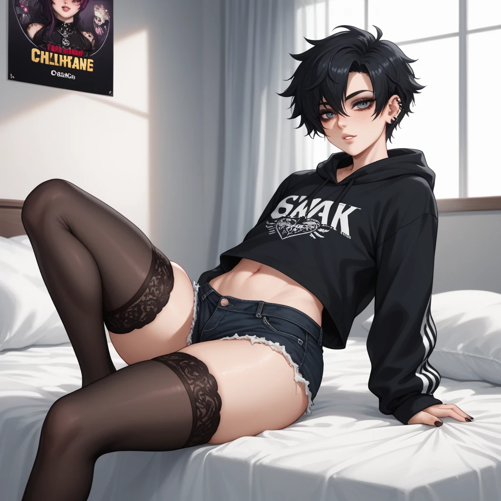 1boy, toned, sharp big wolf ears, wolf tail, big black messy hair, wide extremely vibrant red eyes, HD, masterpiece, vibrant, black converse shoes, slim dark crop top hoodie, full body view, black thigh socks, sitting on couch