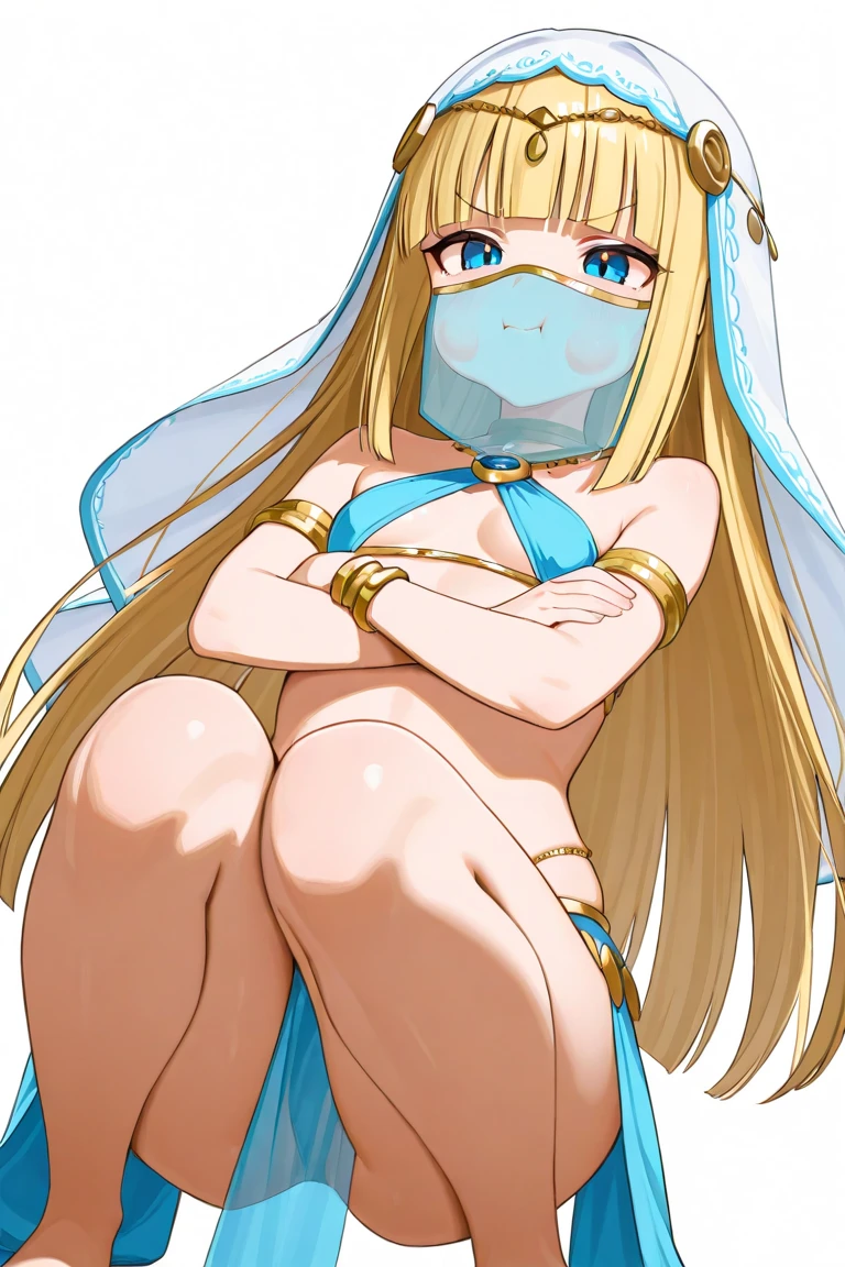 score_9, score_8_up, score_7_up, rating_safe, 1girl, solo, MahiruShiina, otonari no tenshi-sama ni itsu no mani ka dame ningen ni sarete ita ken, shiina mahiru \(otonari no tenshi-sama\), yellow eyes, blonde hair, long hair, straight hair, medium breasts, revealing clothes, harem outfit, mouth veil, collarbone, halterneck, criss-cross halter, necklace, detached sleeves, bracelet, bare shoulders, navel, hip vent, harem pants, barefoot, cleavage, from above, wariza, hands on lap, breasts, looking at viewer, looking up, bed sheet, red curtains, pillow, blush, smile, half-closed eyes