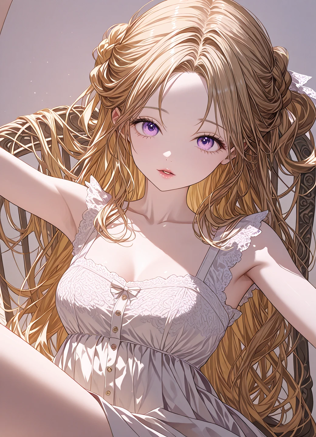 (masterpiece, top quality, best quality, official art, beautiful and aesthetic:1.2), (1girl:1.3), extremely detailed, official artstyle, highest detailed, parted lips,wallpaper, violet eyes, long hair, beautiful blonde hair, ponytail hairstyle, bangs, challenging smile, erotic pose, challenging smile,(cowboy shot), looking at viewers, POV, small breast, white nightgown, nightgown, in bed, bedroom, night vibes, sleeping in bed, bed