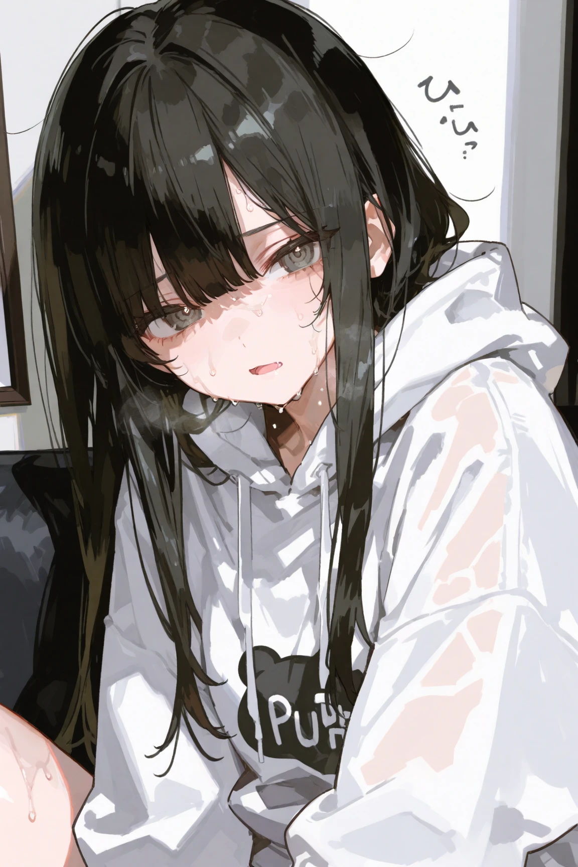Misako amamiya,perfect ,black hair, long hair, (hair over one eye:1.4), messy hair, hair between eyes, hairclip,plump, chubby,fat, saggy ,cute motif pajama, cute shy blush on